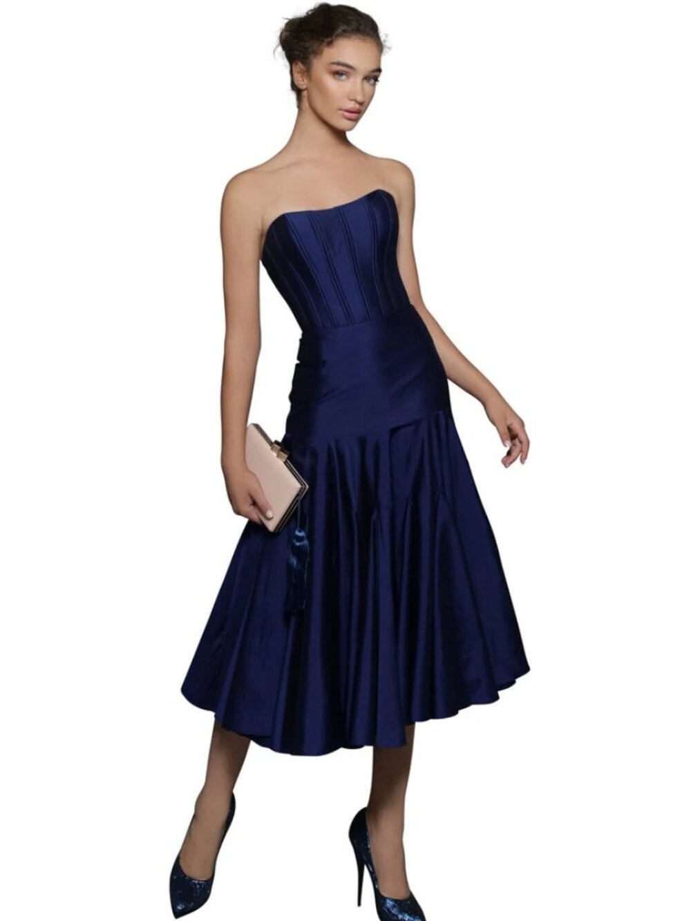 Tarik Ediz - 96123 Corset Bodice Fit and Flare Tea-Length Dress NWT
